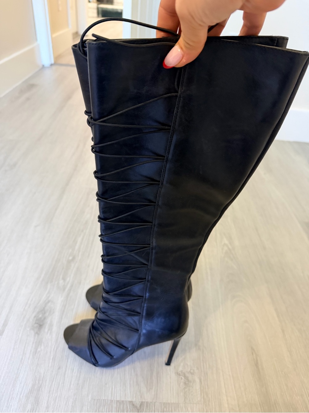 Black Lace-Up Knee-High Stiletto peep toe Boots
